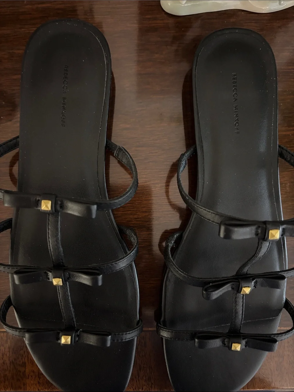 Rebecca Minkoff Black Strappy Slide Sandals with Gold Studs🤩